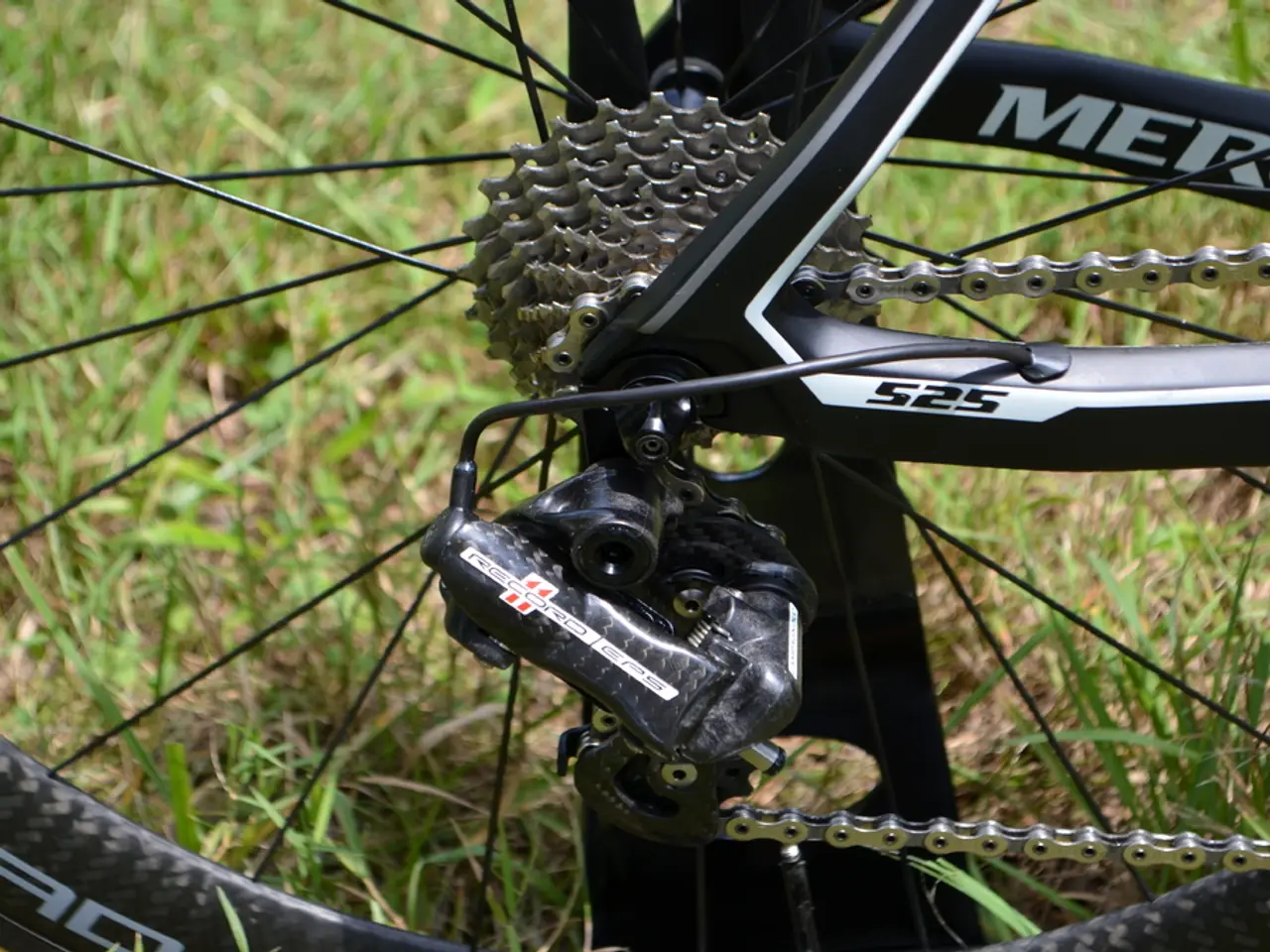 In the image there is a wheel of a cycle and behind the wheel there is grass.