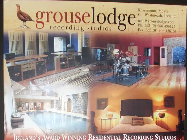 In the image there is a poster with few images of house, swimming pool, kitchen and musical...