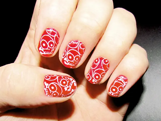 In this image we can see a hand of a person with nail art.